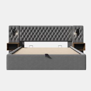 Cama Polsterbett 160x200 - Cama com arrumação hidráulica, 2 mesas de cabeceira, luz de leitura, USB - Cinza