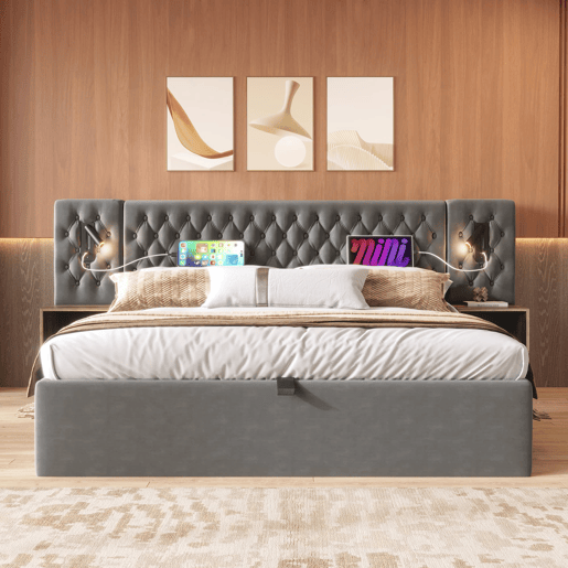Cama Polsterbett 160x200 - Cama com arrumação hidráulica, 2 mesas de cabeceira, luz de leitura, USB - Cinza