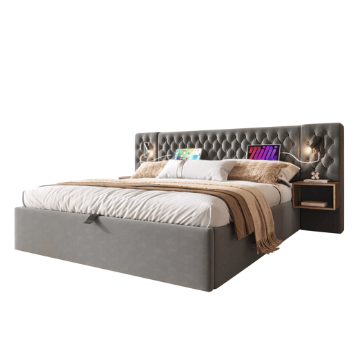 Cama Polsterbett 160x200 - Cama com arrumação hidráulica, 2 mesas de cabeceira, luz de leitura, USB - Cinza