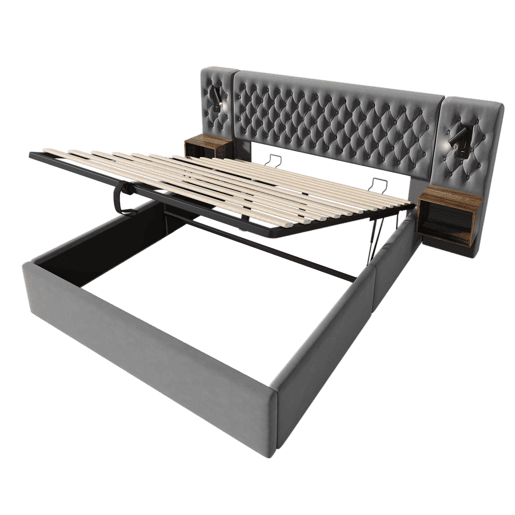 Cama Polsterbett 160x200 - Cama com arrumação hidráulica, 2 mesas de cabeceira, luz de leitura, USB - Cinza