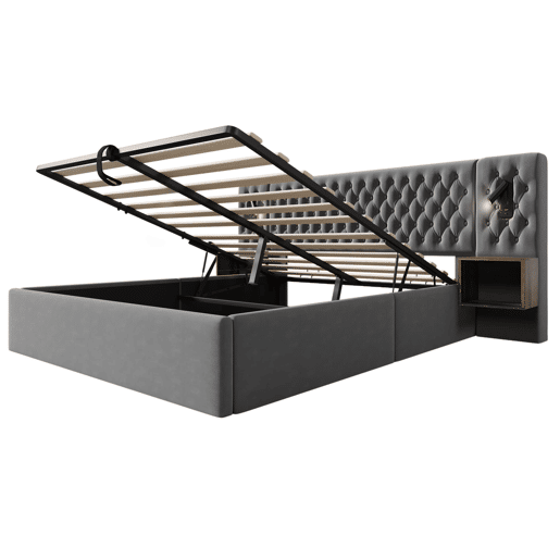Cama Polsterbett 160x200 - Cama com arrumação hidráulica, 2 mesas de cabeceira, luz de leitura, USB - Cinza