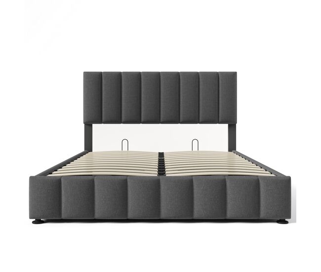 Cama tapizada hidráulica 140x200 cm - cabecera ajustable, estructura metálica, con almacenamiento - gris