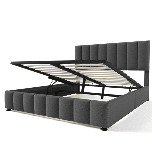 Cama estofada hidráulica 140x200 cm - Cabeceira ajustável, Estrutura metálica, Com arrumação - Cinza