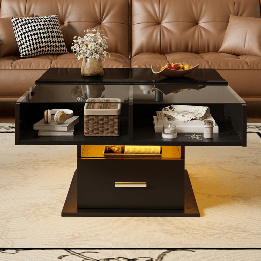 Mesa de centro elevável 78x78x45 cm - com LED, altura ajustável, armazenamento flexível - preta