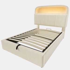 Cama estofada 90x200 cm - Cabeceira ajustável com arrumação, LED, USBType-C, Bege
