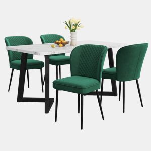 Conjunto de sala de jantar 117×68×75 cm - Mesa de cozinha moderna com 4 cadeiras de veludo verde - Estrutura em MDF branco