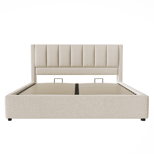 Cama estofada 160x200 cm - Com suporte oculto para chávenas, estação de carregamento, arrumação - Bege