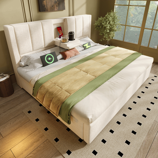 Cama estofada 160x200 cm - Com suporte oculto para chávenas, estação de carregamento, arrumação - Bege
