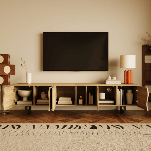 Móvel de TV 191x38 cm - 5 portas, design exclusivo, baixo - Natural Móvel de TV 191x38 cm - 5 portas, design exclusivo, baixo - Natural