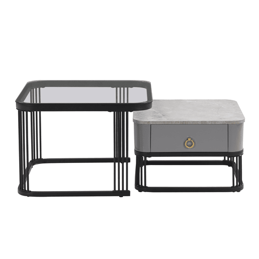 Mesa de centro empilhável - 2 peças - alto brilho com design em mármore e vidro, pernas pretas, com gavetas Mesa de centro empilhável - 2 peças - alto brilho com design em mármore e vidro, pernas pretas, com gavetas