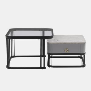 Mesa de centro empilhável - 2 peças - alto brilho com design em mármore e vidro, pernas pretas, com gavetas