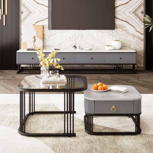 Mesa de centro empilhável - 2 peças - alto brilho com design em mármore e vidro, pernas pretas, com gavetas Mesa de centro empilhável - 2 peças - alto brilho com design em mármore e vidro, pernas pretas, com gavetas
