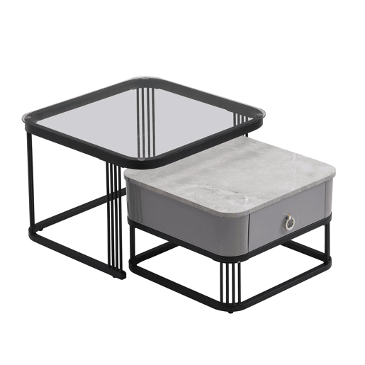 Mesa de centro empilhável - 2 peças - alto brilho com design em mármore e vidro, pernas pretas, com gavetas Mesa de centro empilhável - 2 peças - alto brilho com design em mármore e vidro, pernas pretas, com gavetas