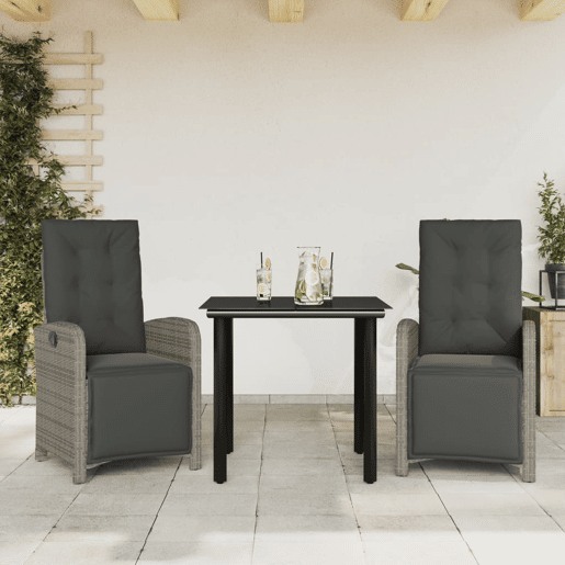 3 pcs conjunto bistrô - cadeiras de jardim - Cadeiras de exterior com almofadões vime PE cinza