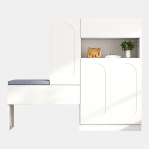 Sapateira 130x35x110 cm - 2 em 1 com portas curvas, Soft-Close, prateleiras ajustáveis, assento almofadado - Branco