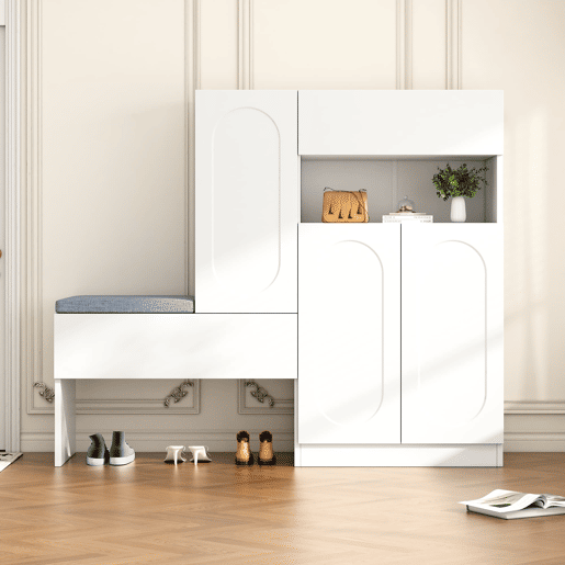 Sapateira 130x35x110 cm - 2 em 1 com portas curvas, Soft-Close, prateleiras ajustáveis, assento almofadado - Branco