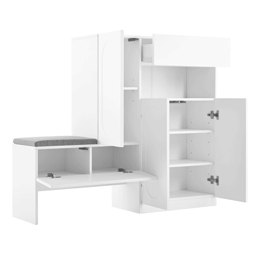 Sapateira 130x35x110 cm - 2 em 1 com portas curvas, Soft-Close, prateleiras ajustáveis, assento almofadado - Branco