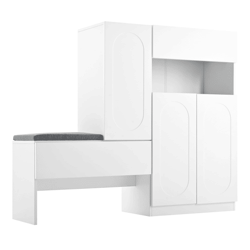Sapateira 130x35x110 cm - 2 em 1 com portas curvas, Soft-Close, prateleiras ajustáveis, assento almofadado - Branco