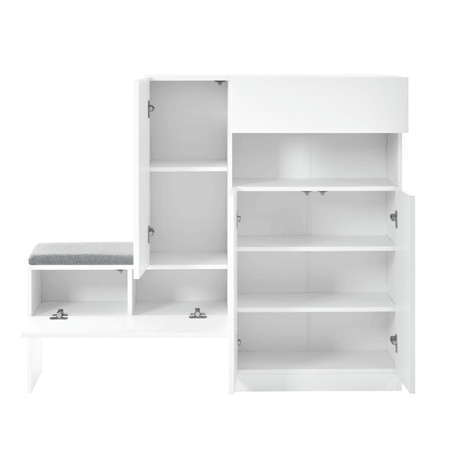Sapateira 130x35x110 cm - 2 em 1 com portas curvas, Soft-Close, prateleiras ajustáveis, assento almofadado - Branco