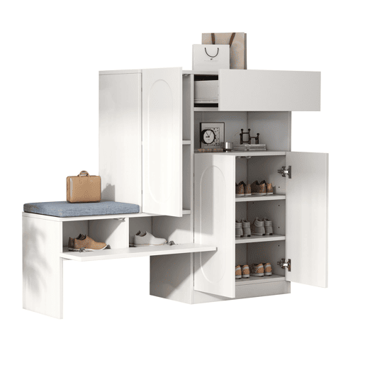 Sapateira 130x35x110 cm - 2 em 1 com portas curvas, Soft-Close, prateleiras ajustáveis, assento almofadado - Branco