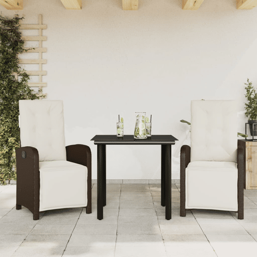 3 pcs conjunto bistrô - cadeiras de jardim - Cadeiras de exterior com almofadões vime PE castanho