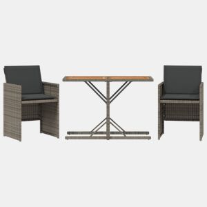 3 pcs conjunto bistrô - cadeiras de jardim - Cadeiras de exterior com almofadões vime PE cinza