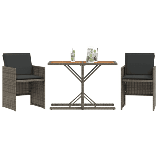3 pcs conjunto bistrô - cadeiras de jardim - Cadeiras de exterior com almofadões vime PE cinza