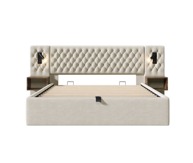 Conjunto completo para dormitorio 160x200 - cama tapizada con almacenamiento hidráulico, 2 mesitas, luz led con usb - beige, terciopelo