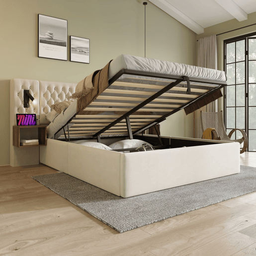 Conjunto completo para quarto 160x200 - Cama estofada com arrumação hidráulica, 2 mesas de cabeceira, luz LED com USB - Bege, veludo