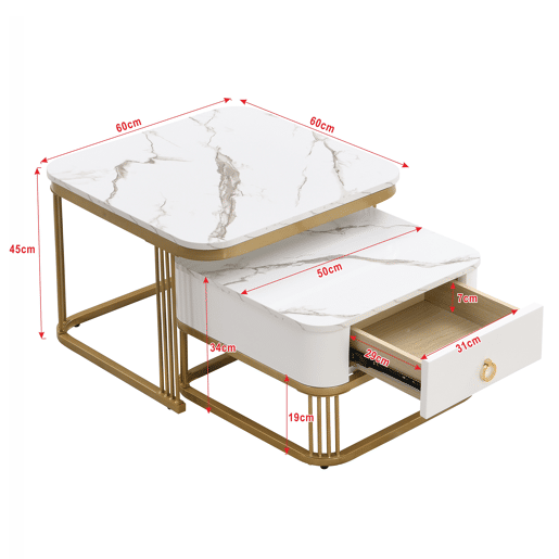 Mesa de centro empilhável - Conjunto de 2 peças - Efeito mármore brilhante, detalhes dourados, com gavetas - Branco