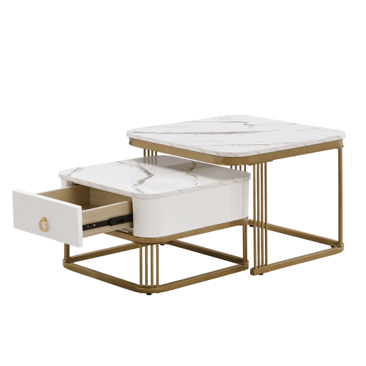 Mesa de centro empilhável - Conjunto de 2 peças - Efeito mármore brilhante, detalhes dourados, com gavetas - Branco
