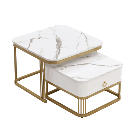 Mesa de centro empilhável - Conjunto de 2 peças - Efeito mármore brilhante, detalhes dourados, com gavetas - Branco
