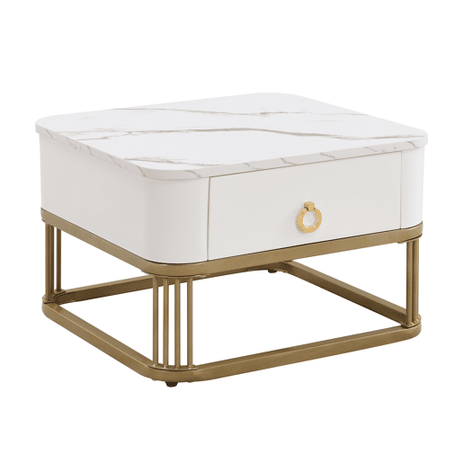 Mesa de centro empilhável - Conjunto de 2 peças - Efeito mármore brilhante, detalhes dourados, com gavetas - Branco