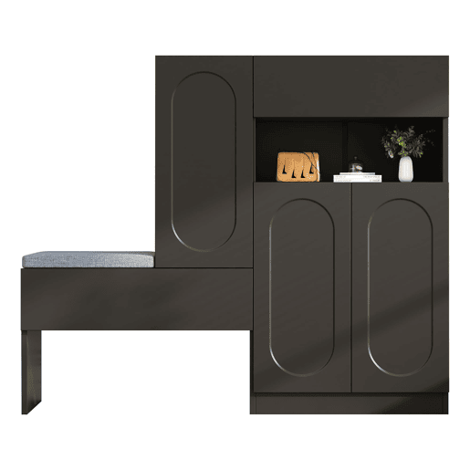 Sapateira 130x35x110 cm - 2 em 1, portas curvas, com sistema Soft-Close, prateleiras ajustáveis e banco acolchoado - Preto