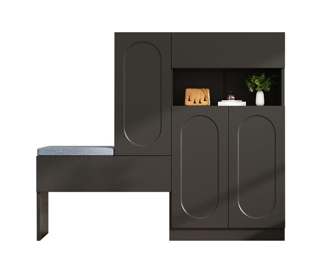 Zapatero 130x35x110 cm - 2 en 1, puertas curvadas, con sistema soft-close, estantes ajustables y banco acolchado - negro