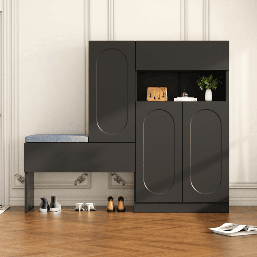Sapateira 130x35x110 cm - 2 em 1, portas curvas, com sistema Soft-Close, prateleiras ajustáveis e banco acolchoado - Preto