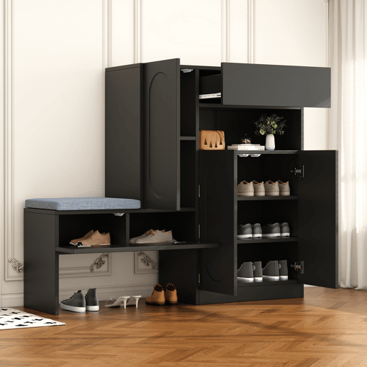 Sapateira 130x35x110 cm - 2 em 1, portas curvas, com sistema Soft-Close, prateleiras ajustáveis e banco acolchoado - Preto