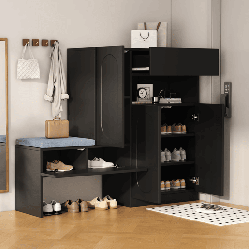 Sapateira 130x35x110 cm - 2 em 1, portas curvas, com sistema Soft-Close, prateleiras ajustáveis e banco acolchoado - Preto