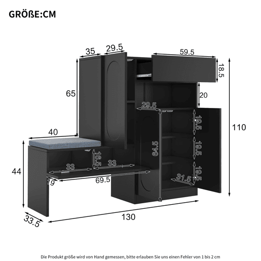 Sapateira 130x35x110 cm - 2 em 1, portas curvas, com sistema Soft-Close, prateleiras ajustáveis e banco acolchoado - Preto