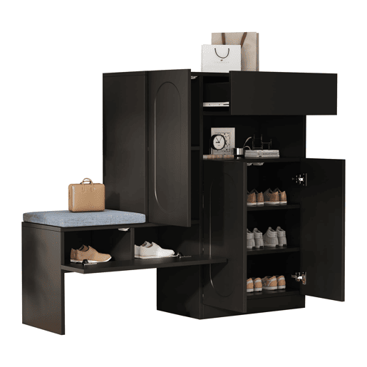Sapateira 130x35x110 cm - 2 em 1, portas curvas, com sistema Soft-Close, prateleiras ajustáveis e banco acolchoado - Preto