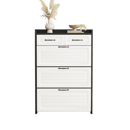 Sapateira 80x23,5x131 cm - Com 3 portas e 2 gavetas, madeira, para entrada e sala - BrancoPreto