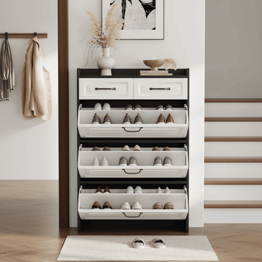 Sapateira 80x23,5x131 cm - Com 3 portas e 2 gavetas, madeira, para entrada e sala - BrancoPreto