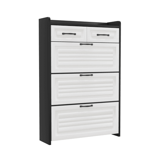 Sapateira 80x23,5x131 cm - Com 3 portas e 2 gavetas, madeira, para entrada e sala - BrancoPreto