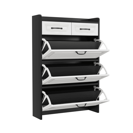 Sapateira 80x23,5x131 cm - Com 3 portas e 2 gavetas, madeira, para entrada e sala - BrancoPreto