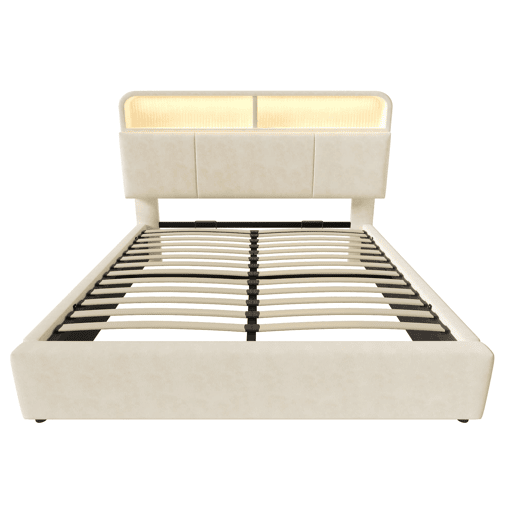 Cama estofada 140x200 cm - Cabeceira com arrumação ajustável, LED, USB, hidráulica - Bege