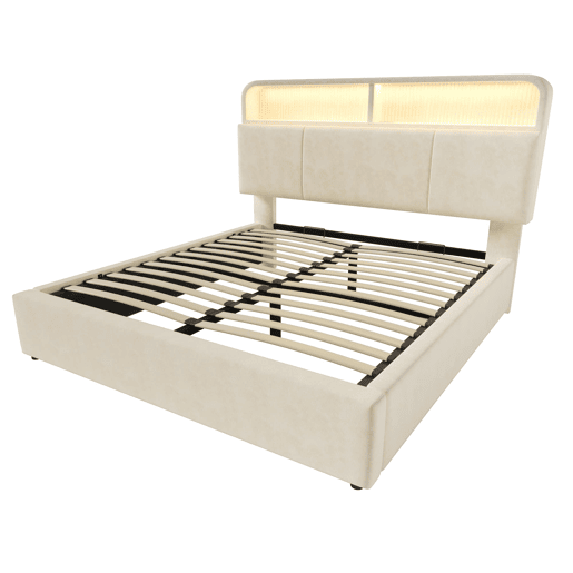 Cama estofada 140x200 cm - Cabeceira com arrumação ajustável, LED, USB, hidráulica - Bege