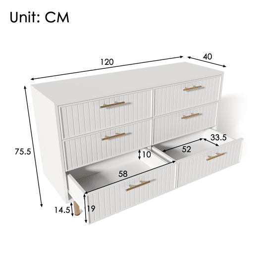 Cômoda 120x40x75 cm - 6 gavetas, design moderno, branco
