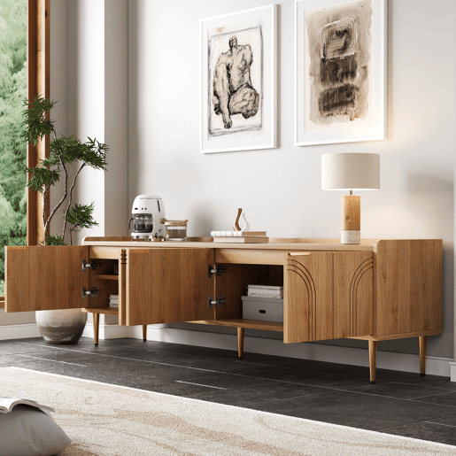 Móvel de TV 170x35x47,5 cm - Lowboard com porta texturizada, puxadores e pés dourados - Natural Móvel de TV 170x35x47,5 cm - Lowboard com porta texturizada, puxadores e pés dourados - Natural