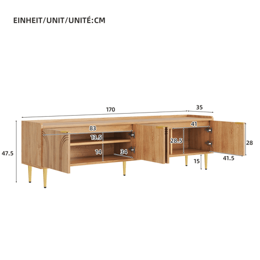 Móvel de TV 170x35x47,5 cm - Lowboard com porta texturizada, puxadores e pés dourados - Natural Móvel de TV 170x35x47,5 cm - Lowboard com porta texturizada, puxadores e pés dourados - Natural