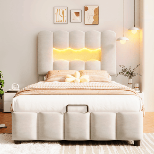 Cama estofada 90x200 cm - Sem colchão, iluminação LED, cabeceira ajustável, bege
